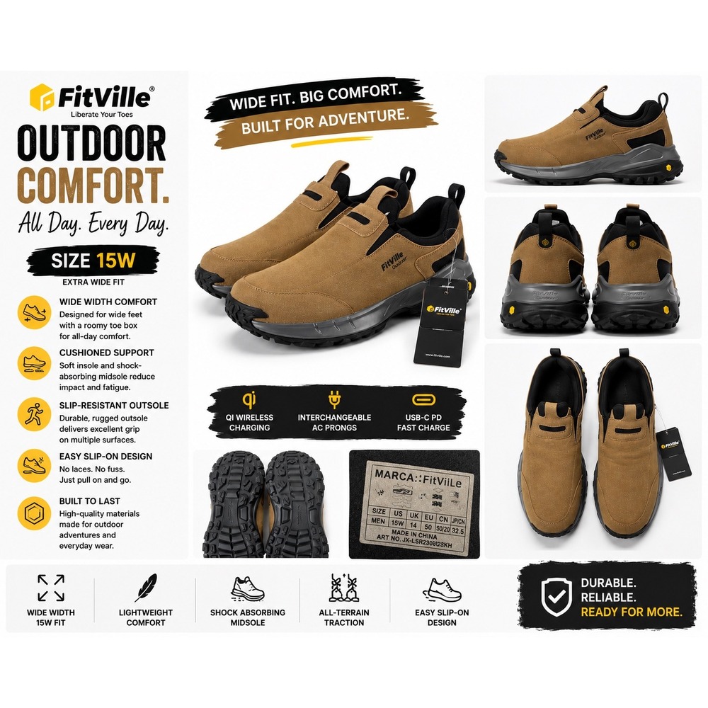 FitVille Outdoor Mens Slip On Shoes 15W Brown Wide Fit Walking Loafers JX-LSR230